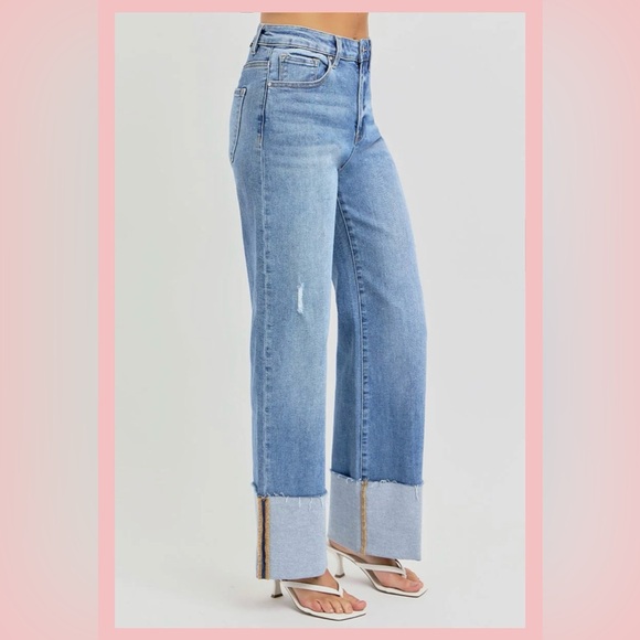 Risen Chic Light Blue Wide Leg Jeans with chuffed bottoms w/ light distress 9/29 - Picture 3 of 10